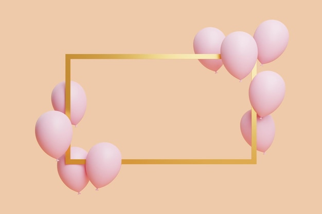 Palloncini rosa pastello e cornice dorata galleggianti su sfondo color pesca Concetto per il rendering 3D del compleanno