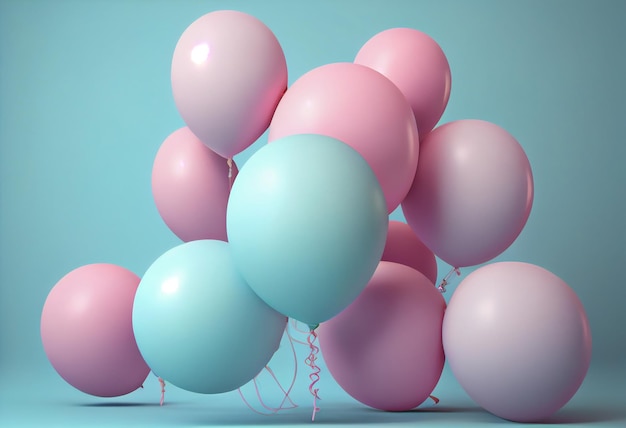 Palloncini rosa su sfondo blu pastello illustrazione di rendering 3d Genera Ai