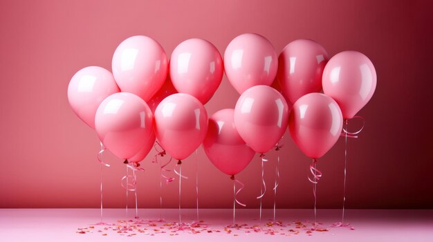 Palloncini rosa su uno sfondo rosa nello studio con spazio vuoto per il testo