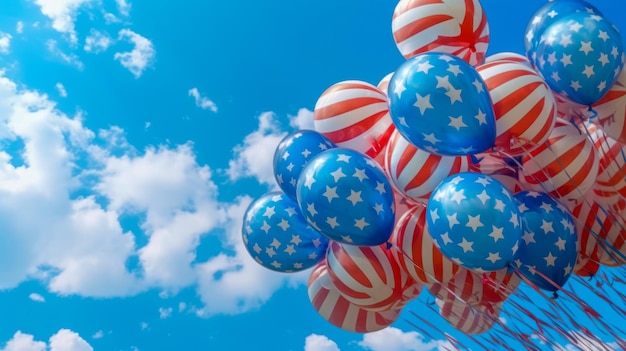 Palloncini rossi bianchi e blu con disegno della bandiera americana sullo sfondo del cielo