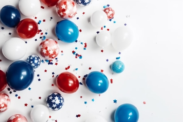 Palloncini rossi, bianchi e blu sono sparsi su uno sfondo bianco.