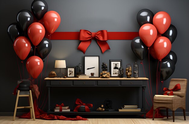Palloncini rossi e neri e regali isolati su sfondo nero celebrazione del compleanno del venerdì nero