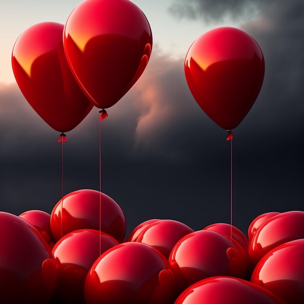 Palloncini rossi nel cielo e uno di loro è legato ai palloncini.