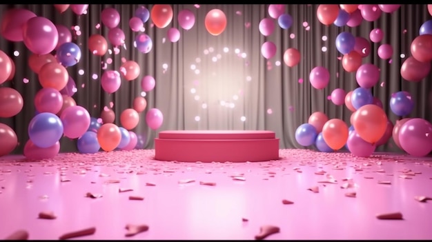 palloncini su sfondo rosa con una tenda e una scatola rosa con la scritta "love" sul fondo.