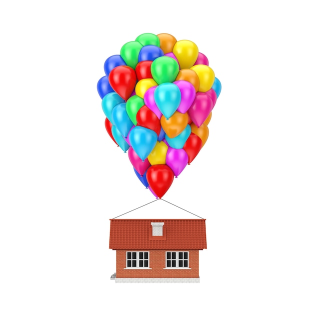 Palloncini volanti di colore fino alla casa moderna su sfondo bianco. Rendering 3D