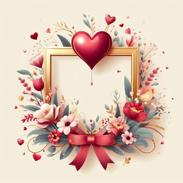 Palloncino a forma di cuore con una cornice d'oro circondato da fiori e foglie Cartolina per il giorno di San Valentino