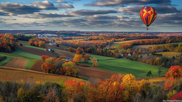 Palloncino ad aria calda sopra la foresta autunnale Paesaggio panoramico con alberi colorati colline e cielo blu