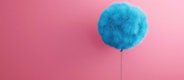 Palloncino blu fatto di pelliccia che galleggia su uno sfondo rosa concetto di design semplicistico