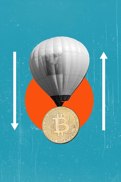 Palloncino collage artistico e bitcoin su o giù