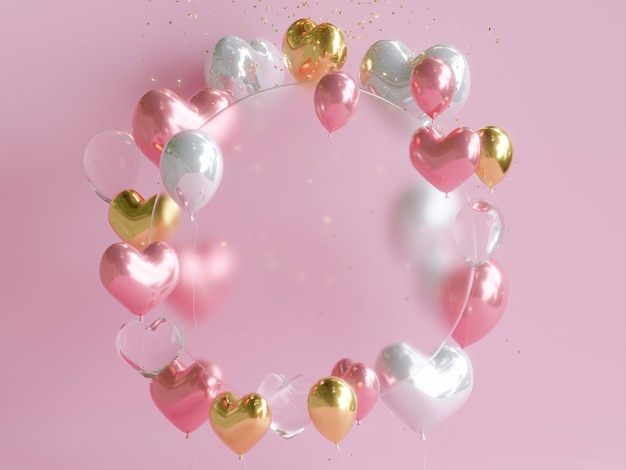 Palloncino con vetro rotondo Banner di San Valentino rendering 3d