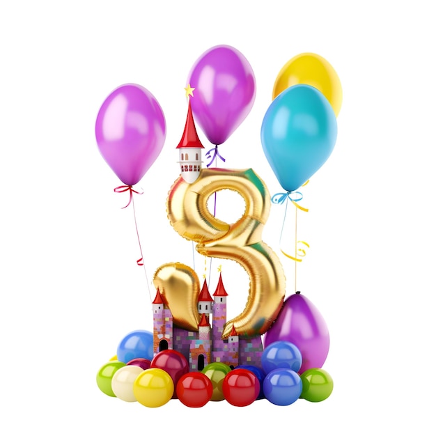 Palloncino d'oro per la celebrazione del compleanno numero 59 e rendering 3D di palloncini colorati