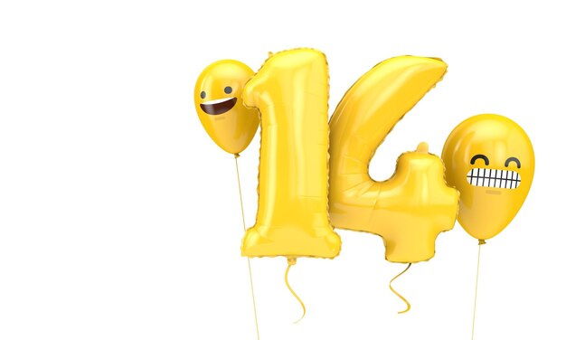 Palloncino di compleanno numero 14 con emoji facce palloncini 3D Render