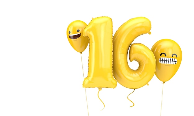 Palloncino di compleanno numero 16 con emoji facce palloncini 3D Render