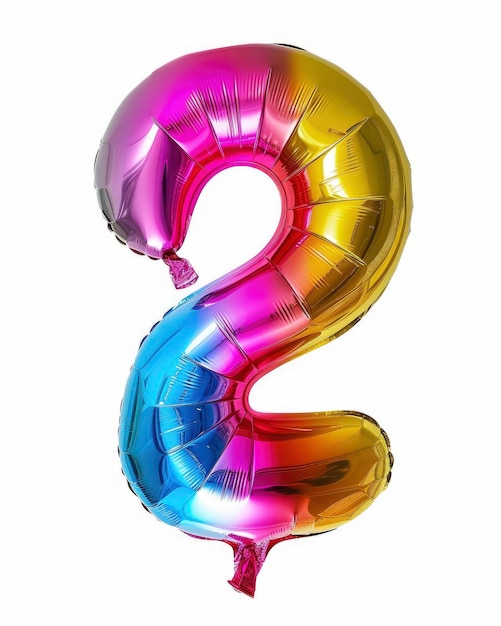 Palloncino di foglio di compleanno colorato, luminoso e vibrante a forma di numero 2 isolato su bianco