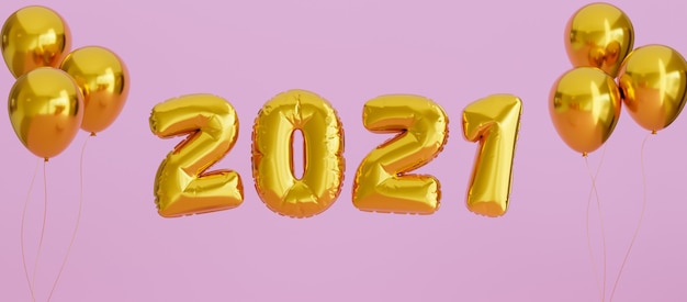 Palloncino dorato di nuovo anno 2021 in sfondo rosa per la copertina di Facebook