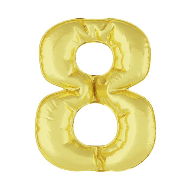 Palloncino in metallo su sfondo bianco. Gold number one 8. Sconti, saldi, festività, anniversari. Rendering 3D