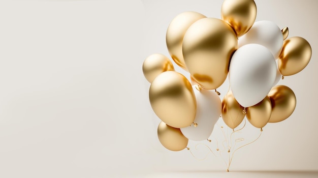 Palloncino oro e bianco su sfondo bianco con spazio di copia