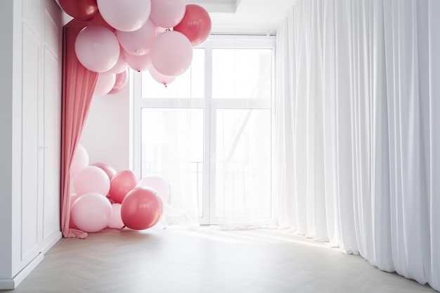 Palloncino rosa e bianco sulla stanza bianca con sfondo tenda