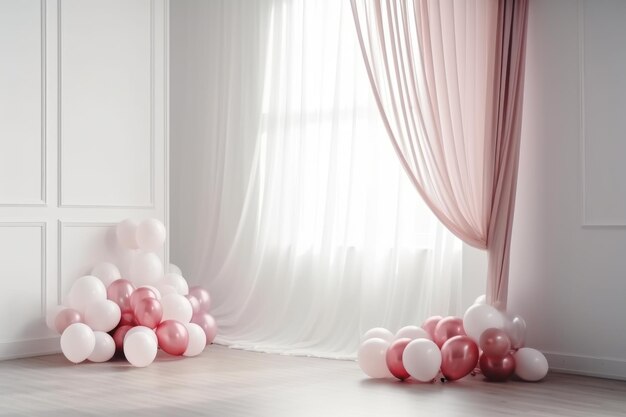 Palloncino rosa e bianco sulla stanza bianca con sfondo tenda