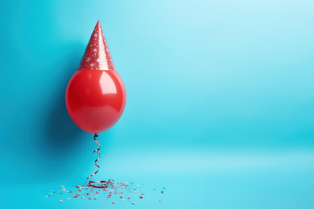 Palloncino rosso di compleanno che indossa un cappello da carnevale a cono per la celebrazione con confetti sullo sfondo blu