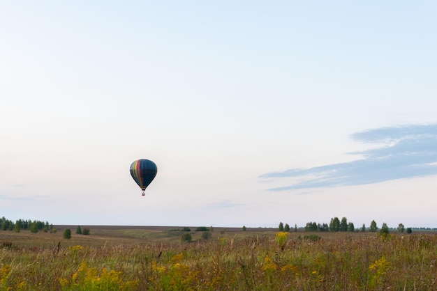 Palloncino sopra i campi di fiori gialli contro il cielo blu della sera