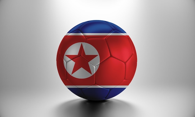 Pallone da calcio 3d con bandiera del paese della Corea del Nord. Pallone da calcio con bandiera della Corea del Nord