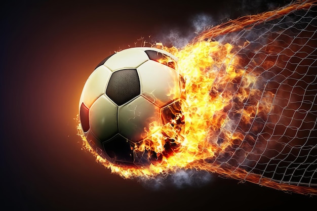 Pallone Da Calcio Ardente In Porta Con Rete In Fiamme