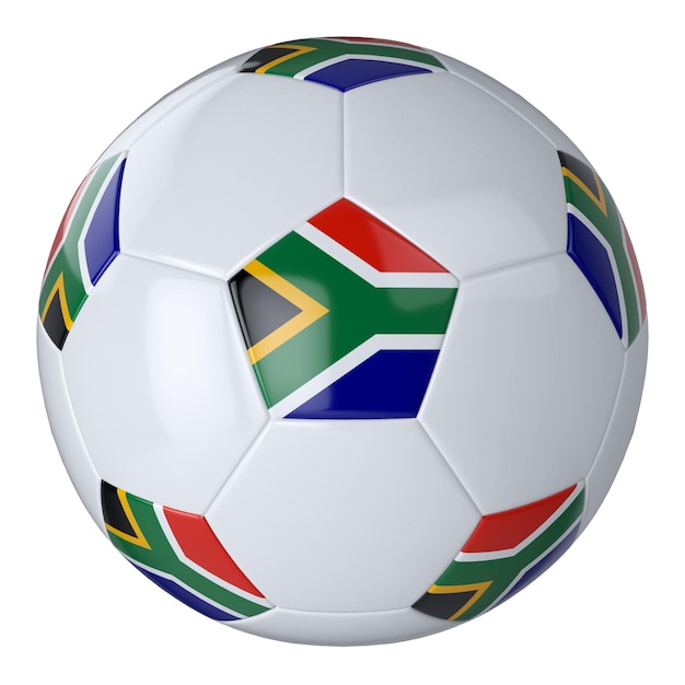 Pallone da calcio bianco con bandiera del Sud Africa su sfondo bianco Pallone da calcio in pelle isolato Pallone bianco classico con toppe Bandiere di paesi Illustrazione 3D