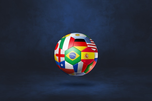 Pallone da calcio calcio con bandiere nazionali isolato su uno studio blu scuro