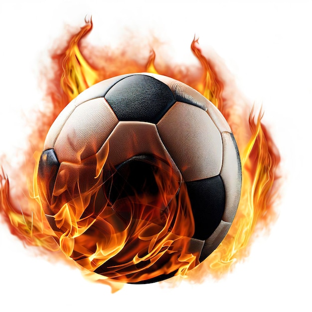 Pallone da calcio che vola in fiamme realistico su sfondo bianco