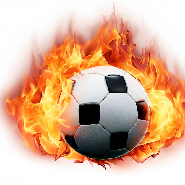 Pallone da calcio che vola in fiamme realistico su sfondo bianco