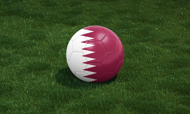 Pallone da calcio con i colori della bandiera del Qatar in uno stadio su erba verde sfondo 3D'illustrazione