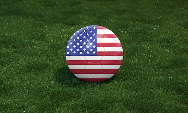 Pallone da calcio con i colori della bandiera USA in uno stadio su sfondo di erbe verdi