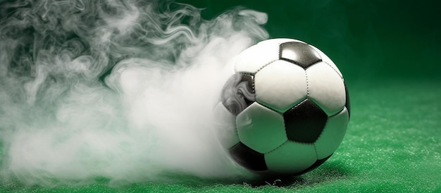 Pallone da calcio con polvere e fumo su sfondo verde erba