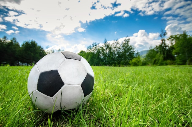 Pallone da calcio di calcio sul campo di erba verde sul fondo del cielo di estate con lo spazio della copia