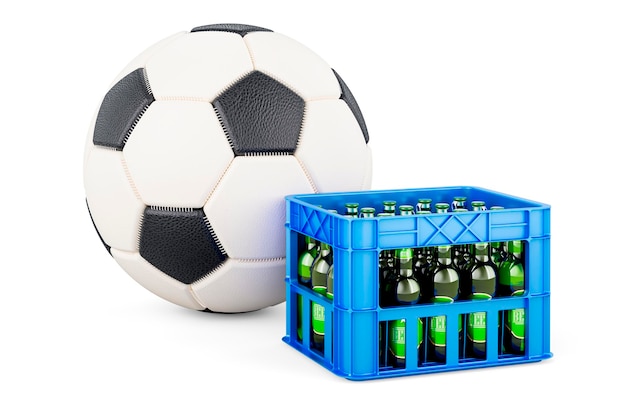 Pallone da calcio e cassa con il rendering 3D delle birre
