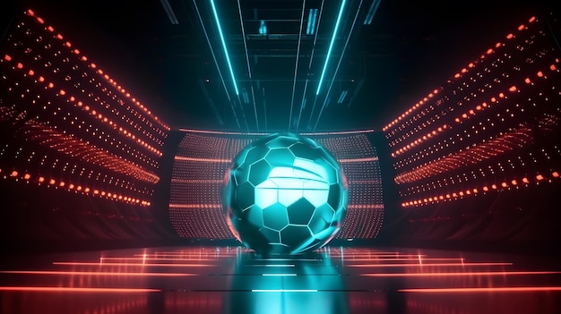 Pallone da calcio futuristico sul palco al neon con rendering iperrealistico 8k Octane in Cinema 4D