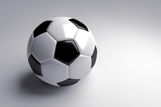 Pallone da calcio in bianco e nero con ombra su sfondo grigio. Rendering 3D.