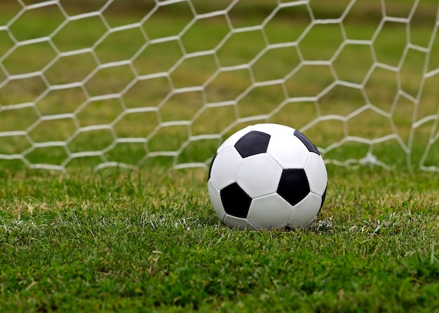 Pallone da calcio in pelle su uno stadio di calcio