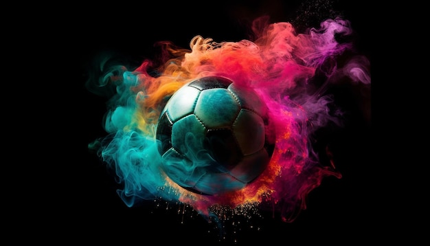 Pallone da calcio incandescente con il calore che esplode in un movimento infuocato generato dall'intelligenza artificiale