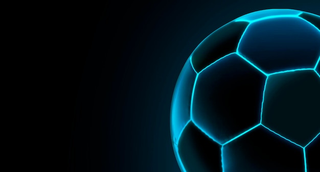 Pallone da calcio o calcio con futuristiche luci al neon blu incandescente su uno sfondo scuro ampia immagine 3d rendering