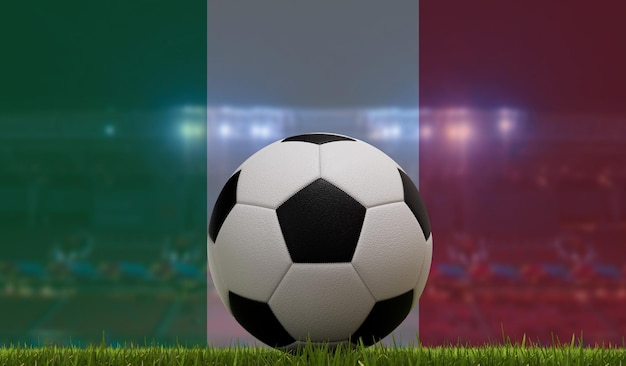 Pallone da calcio su un campo in erba davanti alle luci dello stadio e al rendering 3D della bandiera italiana