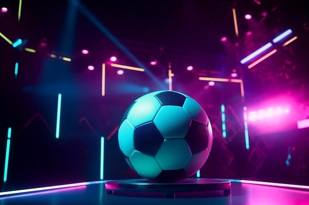 Pallone da calcio su un palcoscenico con luci al neon generative ai