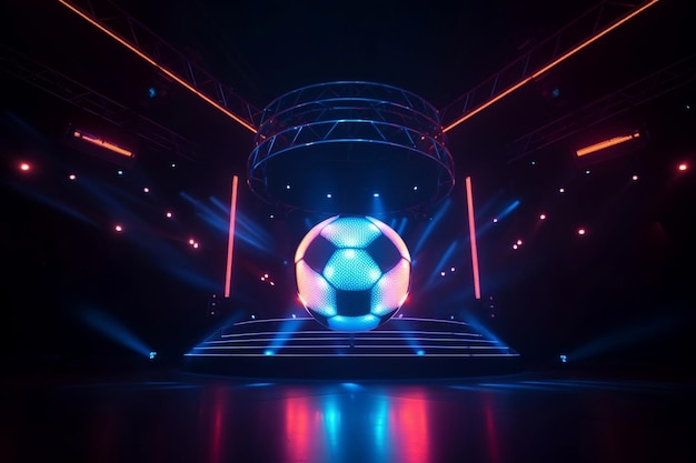 Pallone da calcio su un palcoscenico con luci al neon verticali generative ai