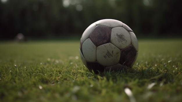 Pallone da calcio sul prato verde Primo piano della palla in posizione per un tiro di rigore