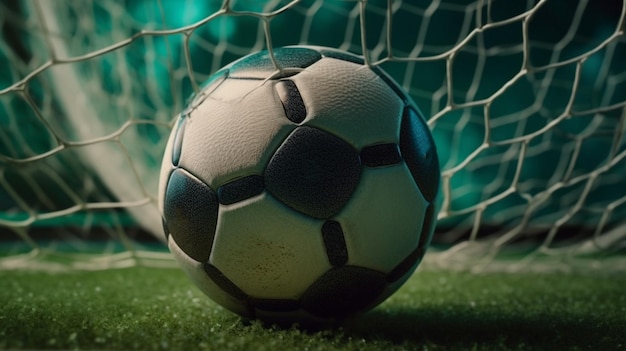 Pallone da calcio sull'erba verde del campo di calcio Generativo Ai