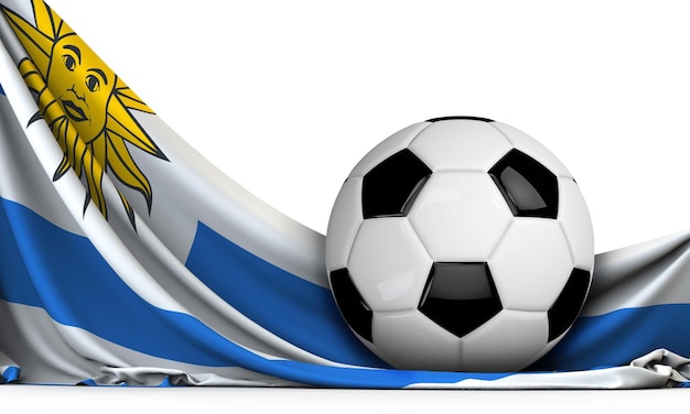 Pallone da calcio sulla bandiera dell'Uruguay Calcio sfondo 3D Rendering