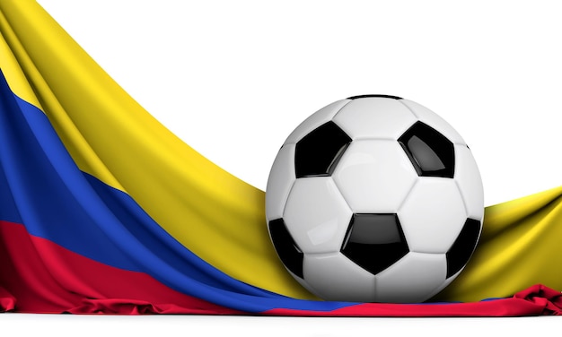 Pallone da calcio sulla bandiera della Colombia Calcio sfondo 3D Rendering