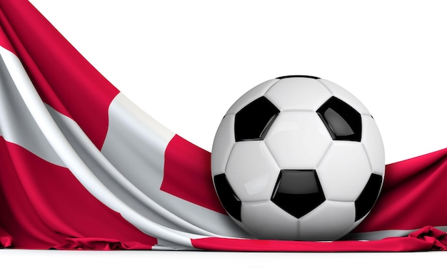 Pallone da calcio sulla bandiera della Danimarca Sfondo di calcio Rendering 3D