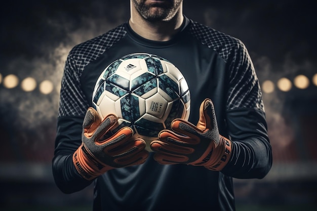 Pallone da calcio tenuto dalle mani del portiere in primo piano IA generativa